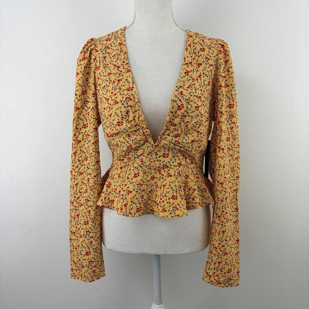 Lulus‎ Women's Yellow Floral Peplum Blouse Long Sleeve V Neck Size S Boho